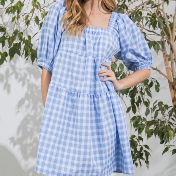 Gingham Black & White Puff Sleeve Square Neck Tiered Dress- Size L - Picture 9 of 10